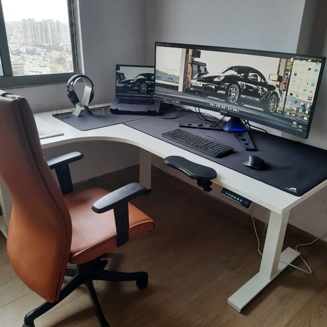 L-Shaped Ergonomic Corner Desk (Motorized + Monitor Shelf)